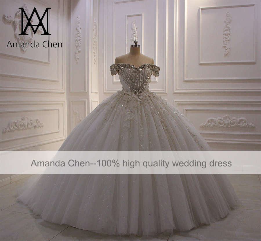 robe blanche Off Shoulder Crystal Beading Fluffy Wedding dress