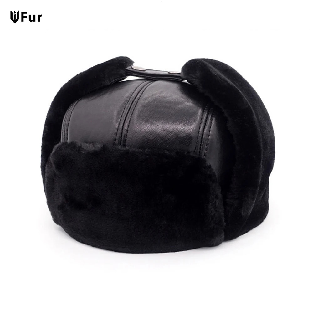 Russian Adult Hat Mens 100% Natural Sheepskin Bomber Hat Mens Casual Winter Warm Sheepskin Hat 241106