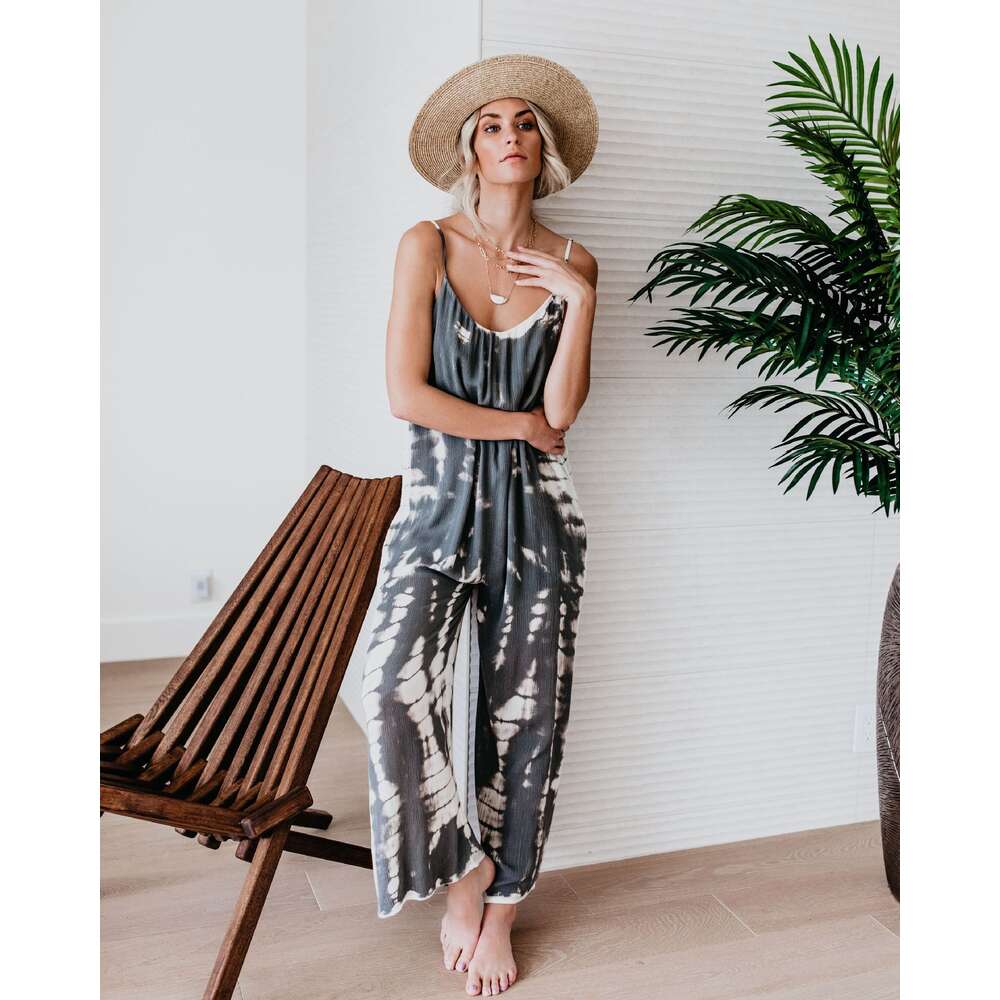 2024 New Summer Women's Jumpsuit Suspender Sexy Wide Leg Casual Printed Pants