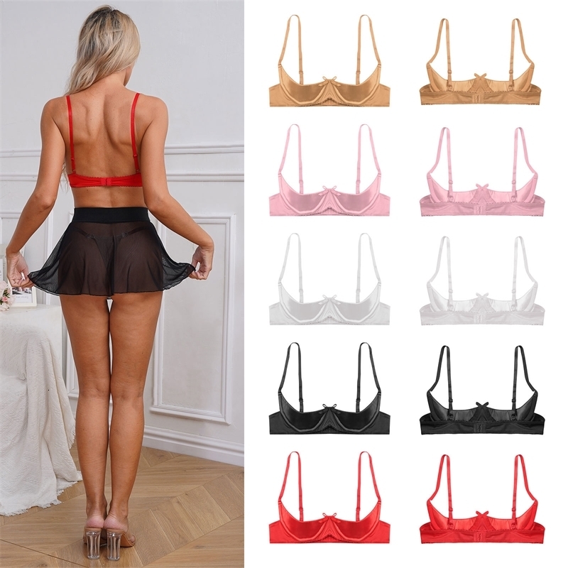 Women Sexy Open Cup Bras Satin Lingerie Exposed Nipples Chest Brace Adjustable Straps Underwire Brassiere Underwear Nightwear 241105