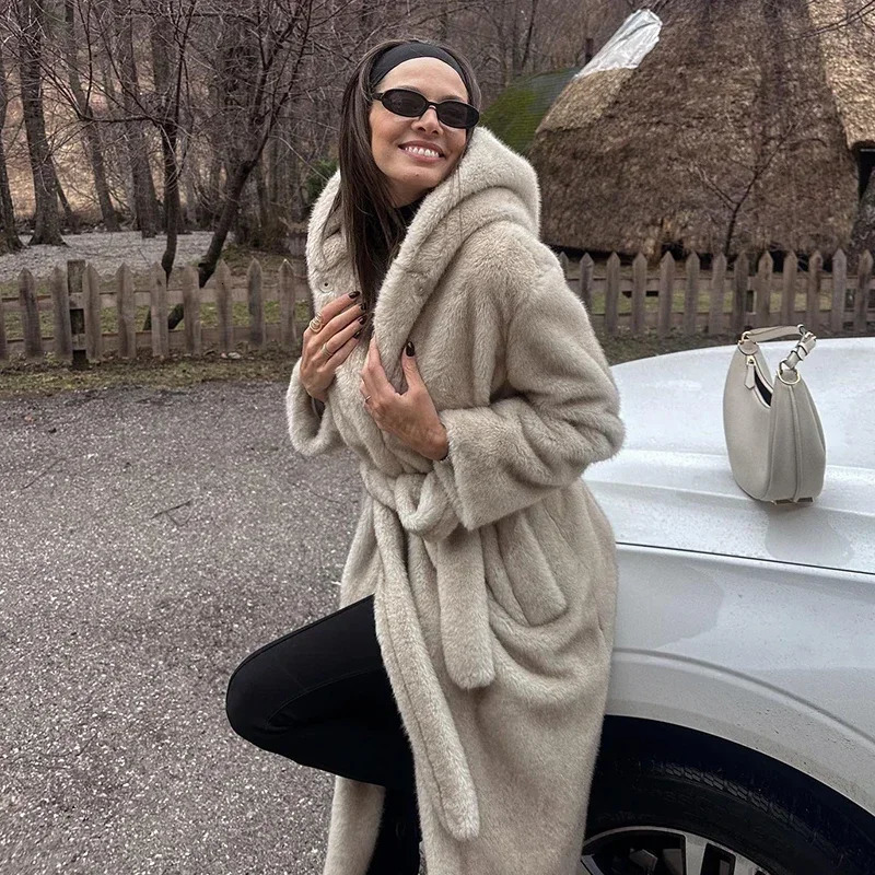 Neo Mint Belted Faux Mink Fur Coat Women Winter Beige Gradient Furry Jacket y Hooded Warm Outerwear Overcoat 241104