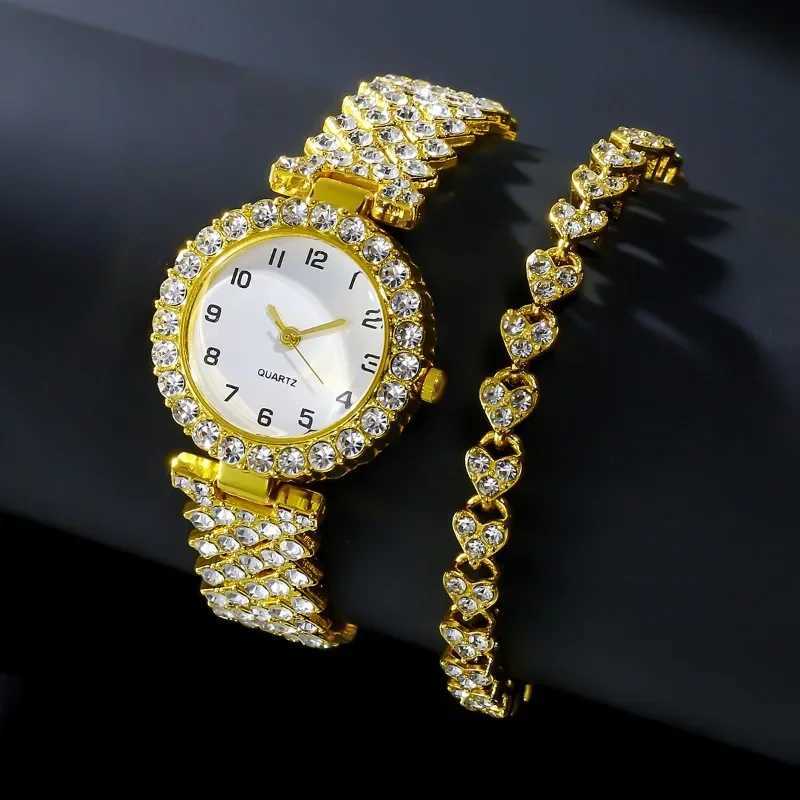2 pieces/set Rheinstone Winch watches Arabic dial steel strap quartz watch Rheinstone jewelry set frameless Winch watches luxury X241106
