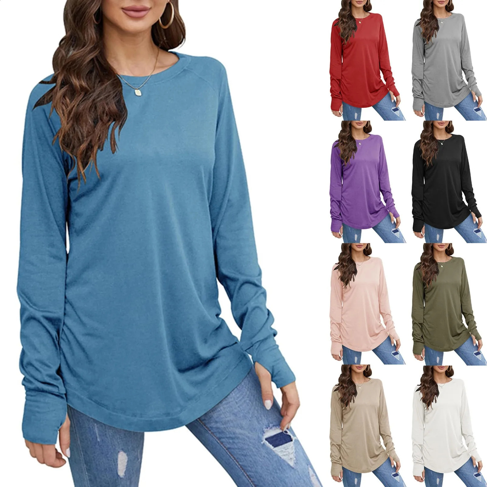 Womens TShirt Solid Round Neck Loose Long Sleeve Medium Length Comfy Thumb Hole Shirts Basic Stretch Layer Tshirt Top 241029