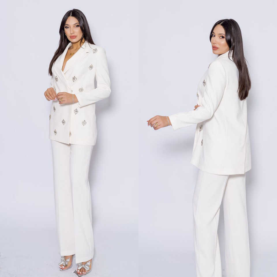 White Women Pants Suits Customized Crystal Beading Lady Prom Evening Guest Formal Party Wear Custom Made Jacket 2 Pieces