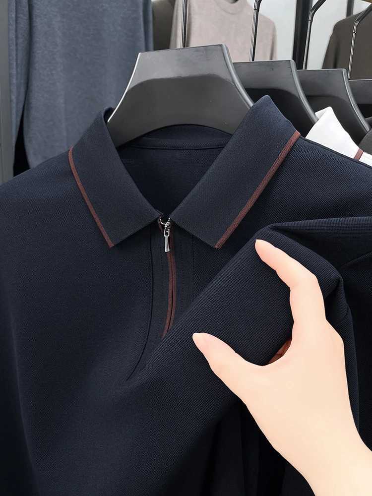 High end brand long SVE shirt mens autumn luxury silk cotton half zipper lapel T-shirt fashionable casual mens clothing W241106