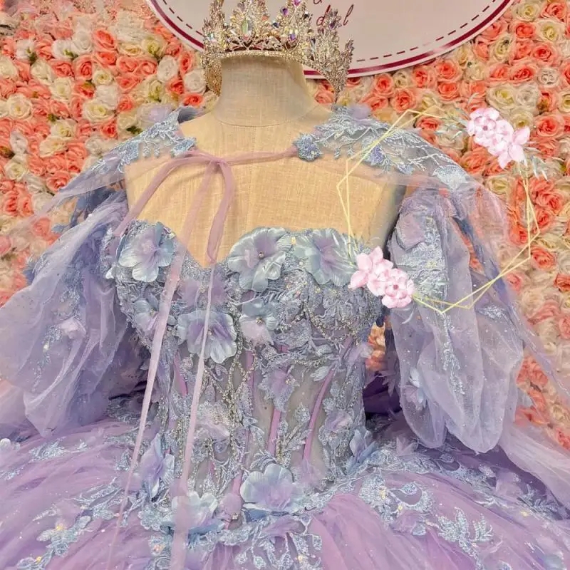Light Lavanda Quinceanera Dresses With Cape Ball Gown Applique Lace Beads Tull Birthday Party Sweet 16 Dress Lace Up vestido de 15 anos