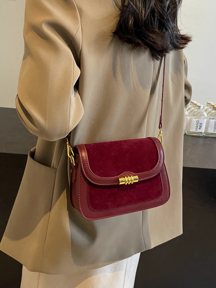 High quality Burgundy retro frosted PU splicing cross shaped bag for women multi-layer compartment square bag classic Commuting handbag241106