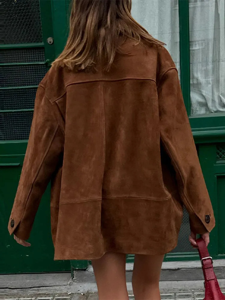 Brown Single Breasted Faux Leather Short Coat Women Loose Long Sleeves Lapel Jacket 2024 Autumn Female High Street Outwear 241106