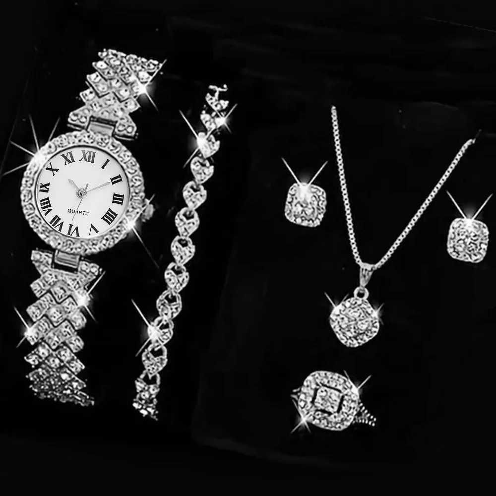 Fashionable luxury Fl crystal 5-piece watch necklace earrings ring set Rhinestone watch Fem bracelet set gift X241106