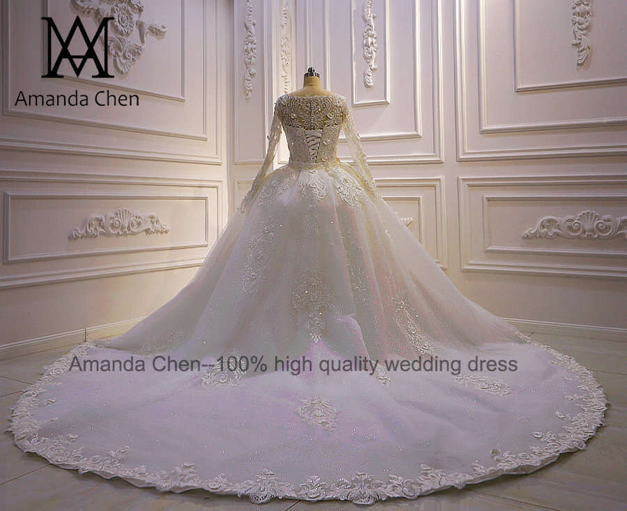 robe demoiselle d'honneur Long Sleeves Lace Applique Detachable Train Wedding Dress
