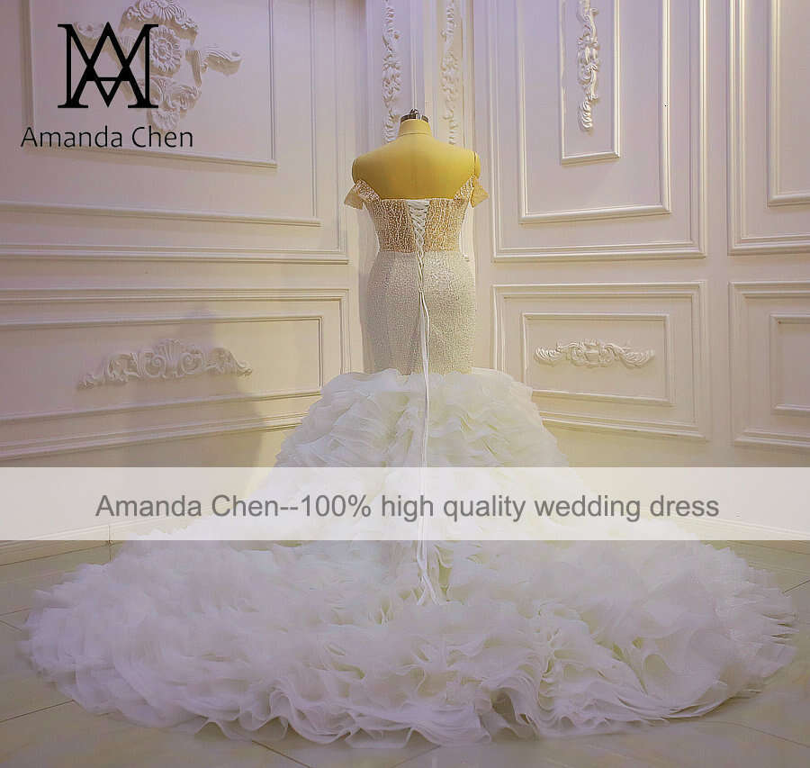 Off Shoulder Pearls Ruffled Mermaid Wedding Gowns