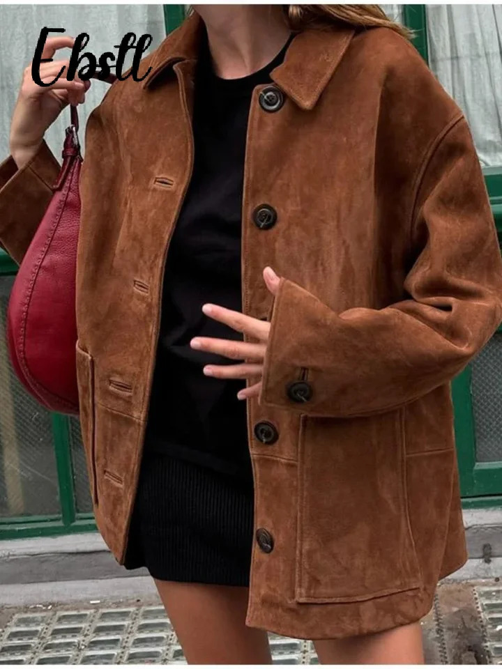 Vintage Lapel Suede Jackets Women Loose Single Breasted Long Sleeve Pockets Coats 2024 Autumn Winter Lady Casual Outwear 241106
