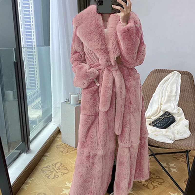 Fashion Elegant Soft Faux Fur Coat Long Warm Overcoat Winter Women V Lapel Greatcoat Belt Pockets Loose Parka 9 Colors 241104