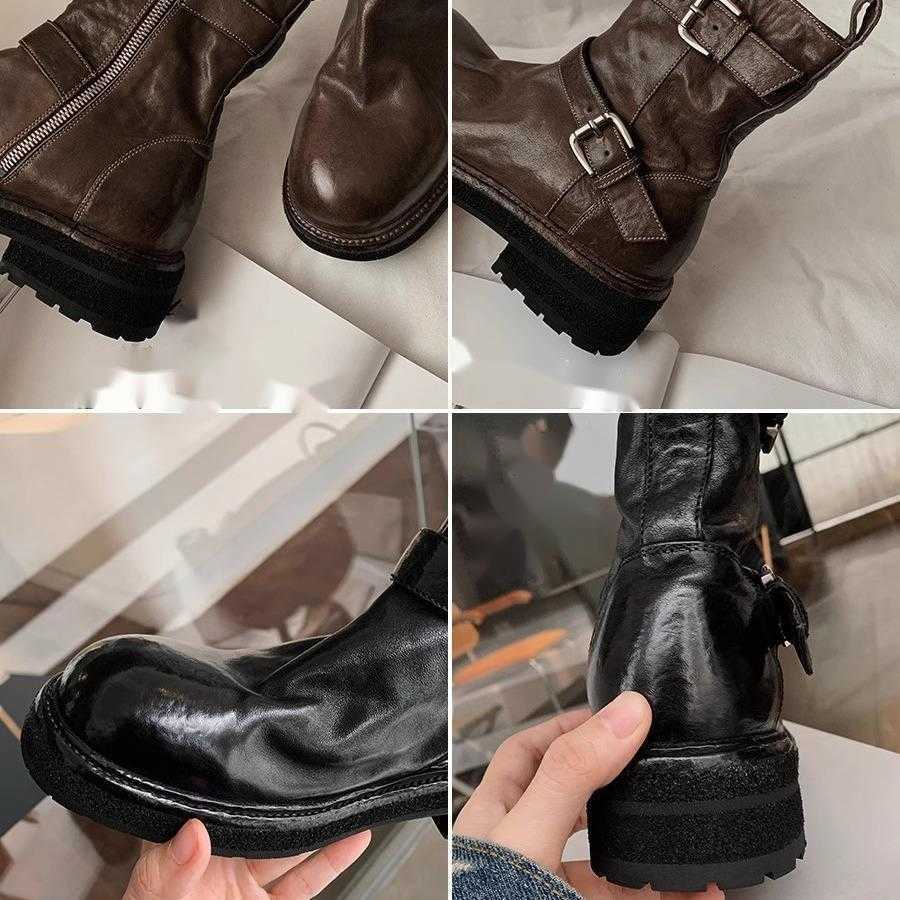 CMM Autumn Winter Washed Shrink Pattern Horse Skin Skinny Short Boots Womens Versatile Evening Breeze