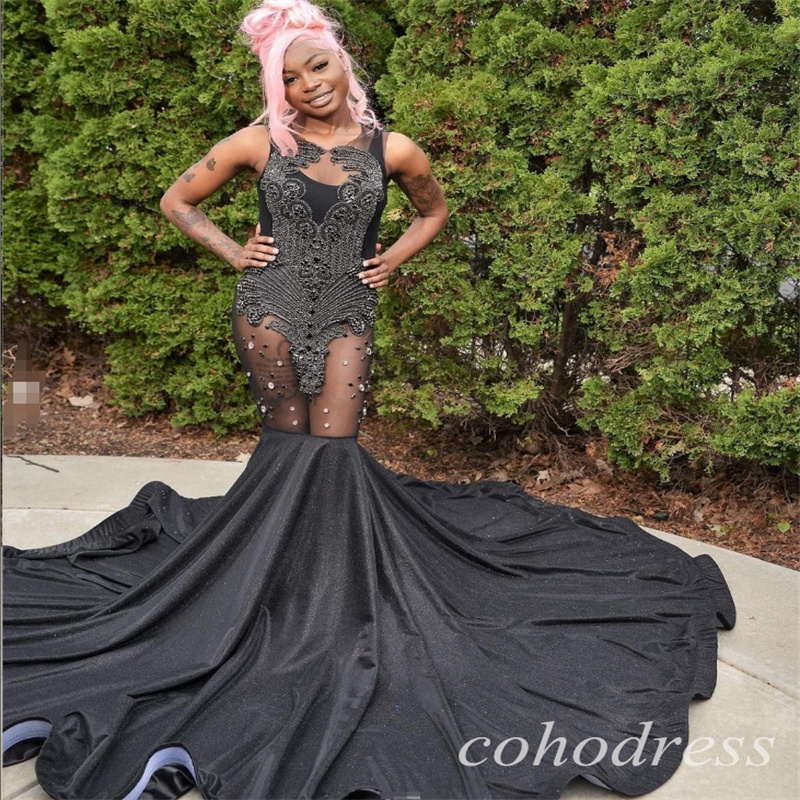 Charming Rhinestone Black Prom Dresses Mermaid Satin Black Women Evening Dress Gorgeous O Beck See Through Birthday Party Gowns Vestio De Fiesta 2025