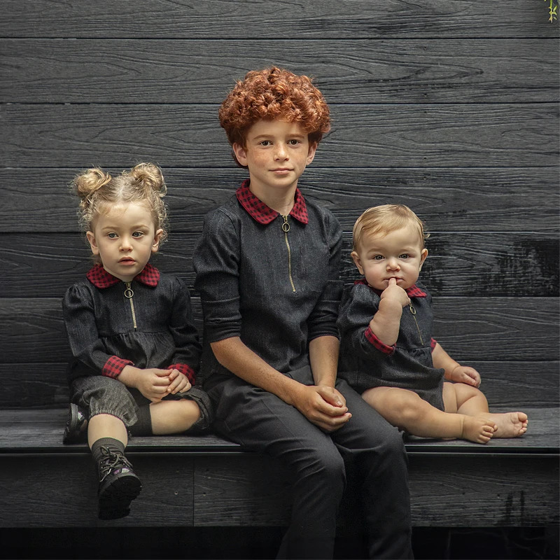 Ali-Plus family denim clothing set black denim children cute girls dress shirt top baby romper for autumn red plaid edge 241106