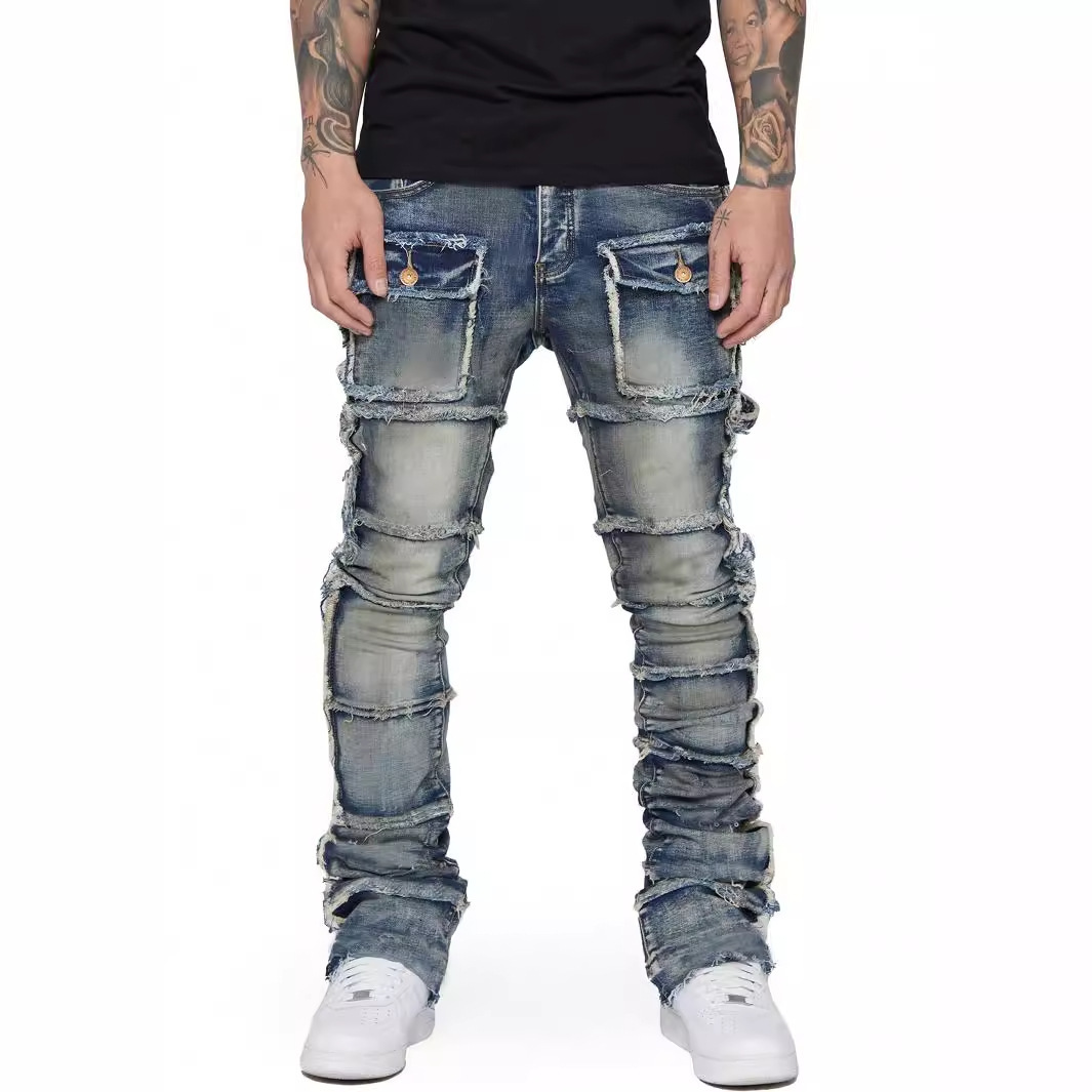 ksubi jeans men's denim workwear straight leg pants european and american fashion hot item elastic patch denim layered micro flared men's pa