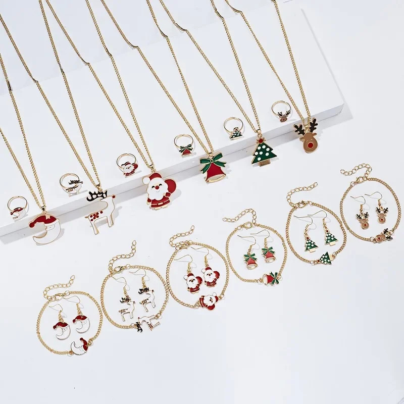 5 pieces/set Christmas Womens Alloy Jewelry Set Santa Claus Elk Bell Earrings Necklace Decoration Christmas Accessories Girl Gift 241106