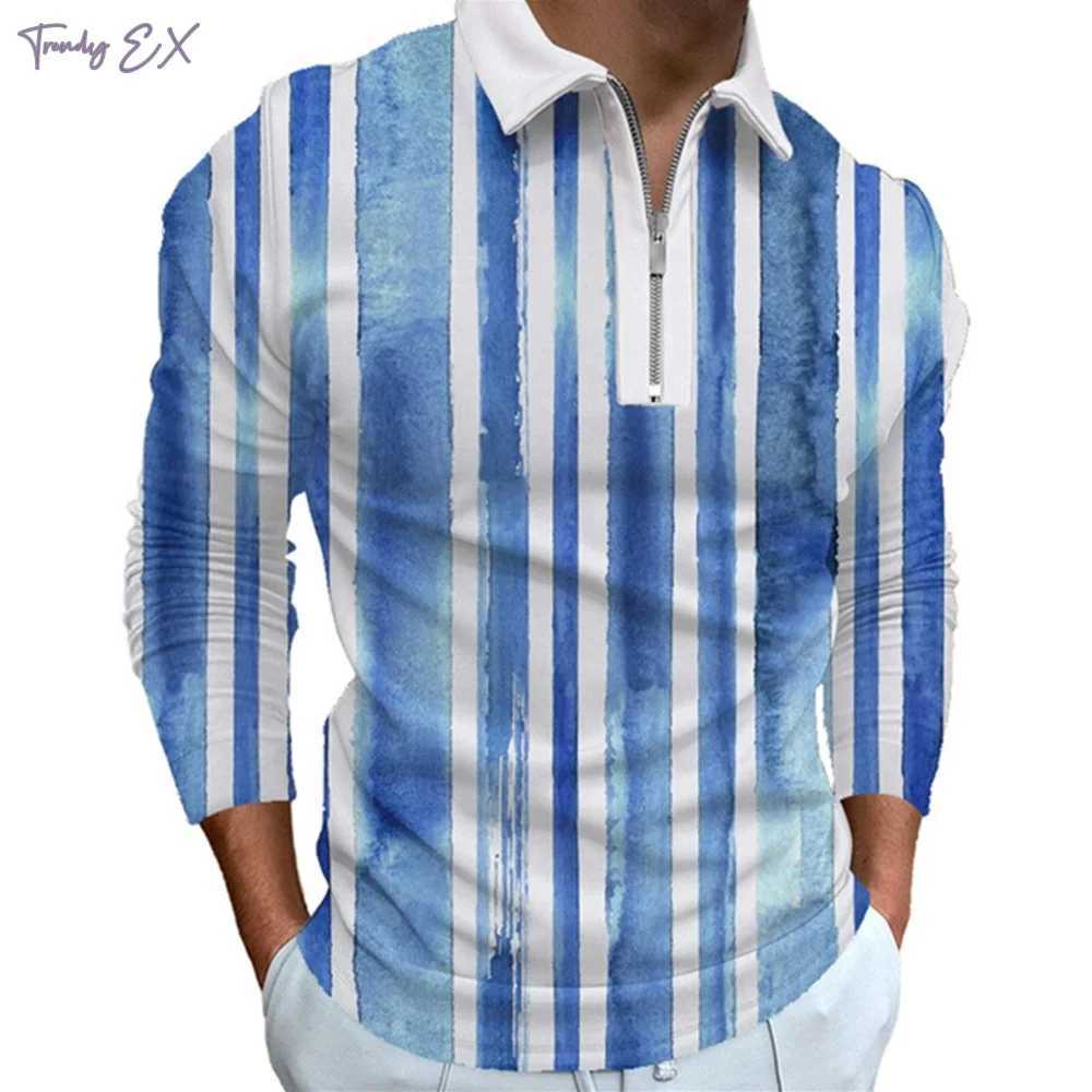 Fashion Stripe Print 2024 Wear Mens Strt Harajuku Collar Shirt Mens Top Casual Sports Long Sve T-shirt Mens Clothing W241106