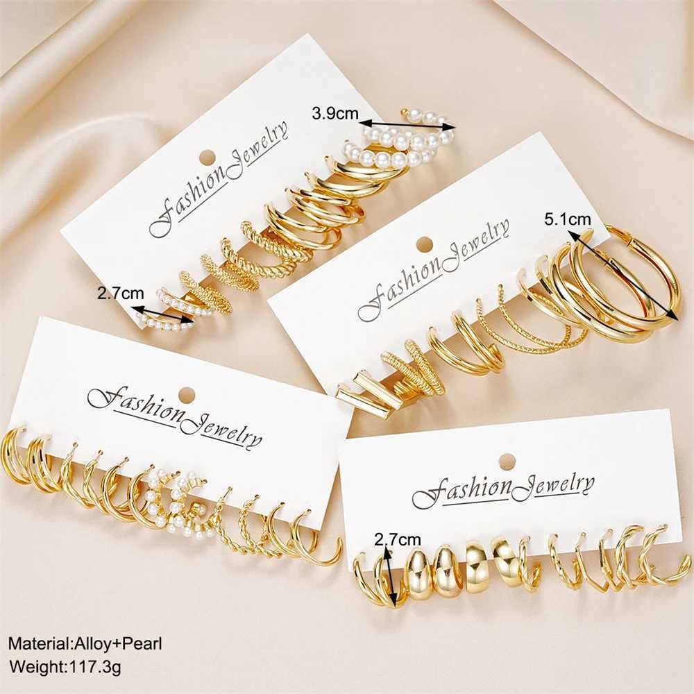 6-24 pairs of retro Geely glossy gold-plated metal pearl ring earrings set suitable for girls daily round earrings and jewelry X241106