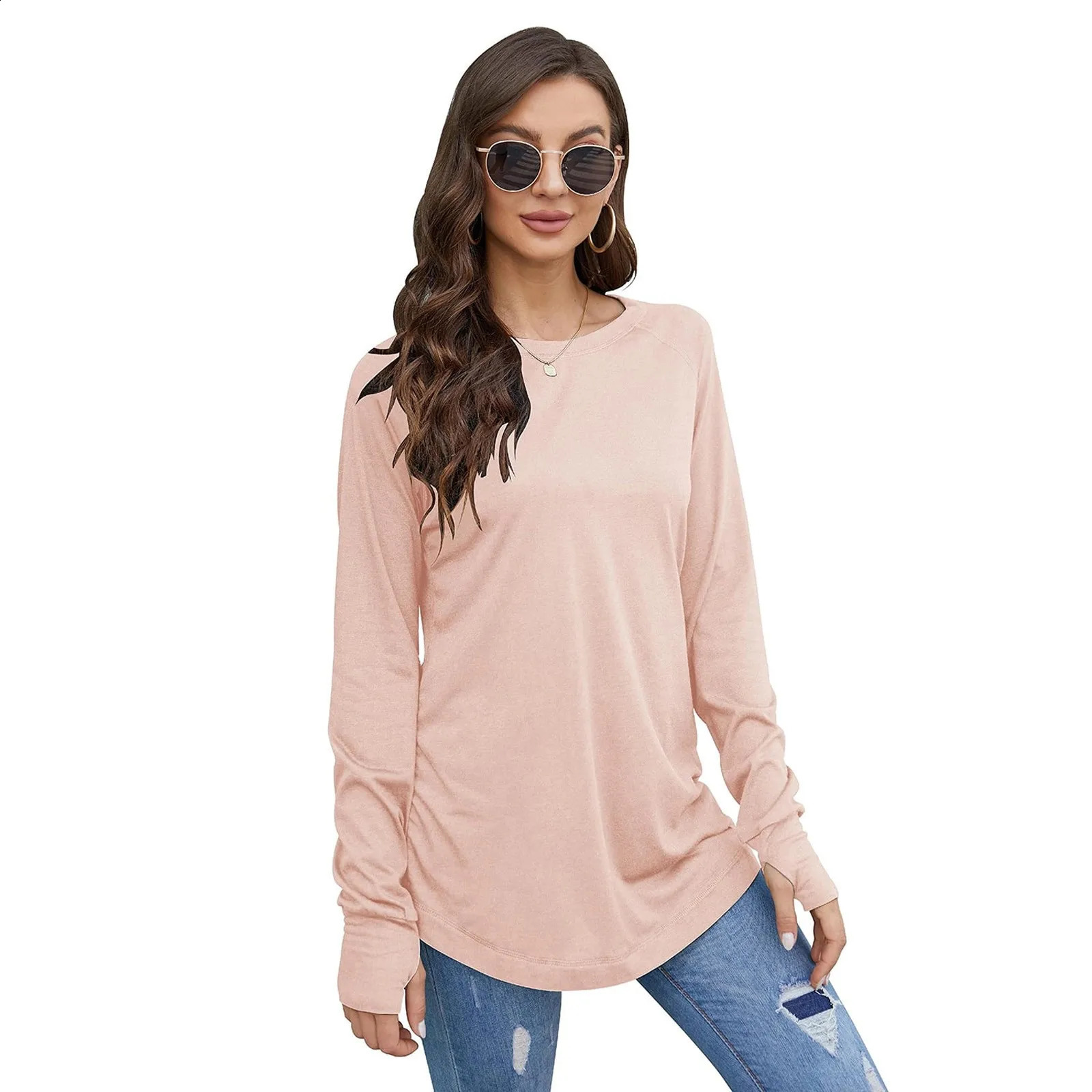 Womens TShirt Solid Round Neck Loose Long Sleeve Medium Length Comfy Thumb Hole Shirts Basic Stretch Layer Tshirt Top 241029