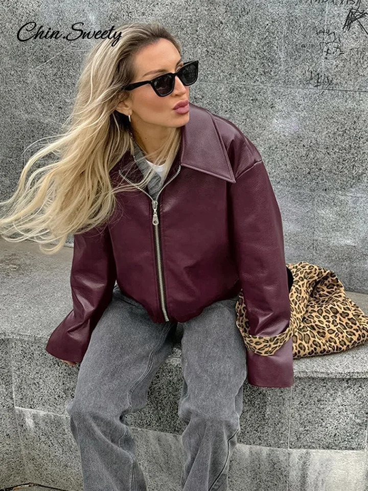 Fashion Lapel Leather Bomber Jacket Women Loose Zipper Long Sleeves Locomotive Coat 2024 Autumn Lady High Street Outerwear 241106