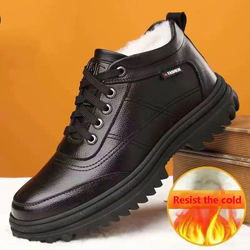 2025 New Men's Winter Casual Leather Shoes Men's Solid Color Thick Warm Cotton Business Shoes Outdoor Fashion Waterproof Anti Slip Snow Boot