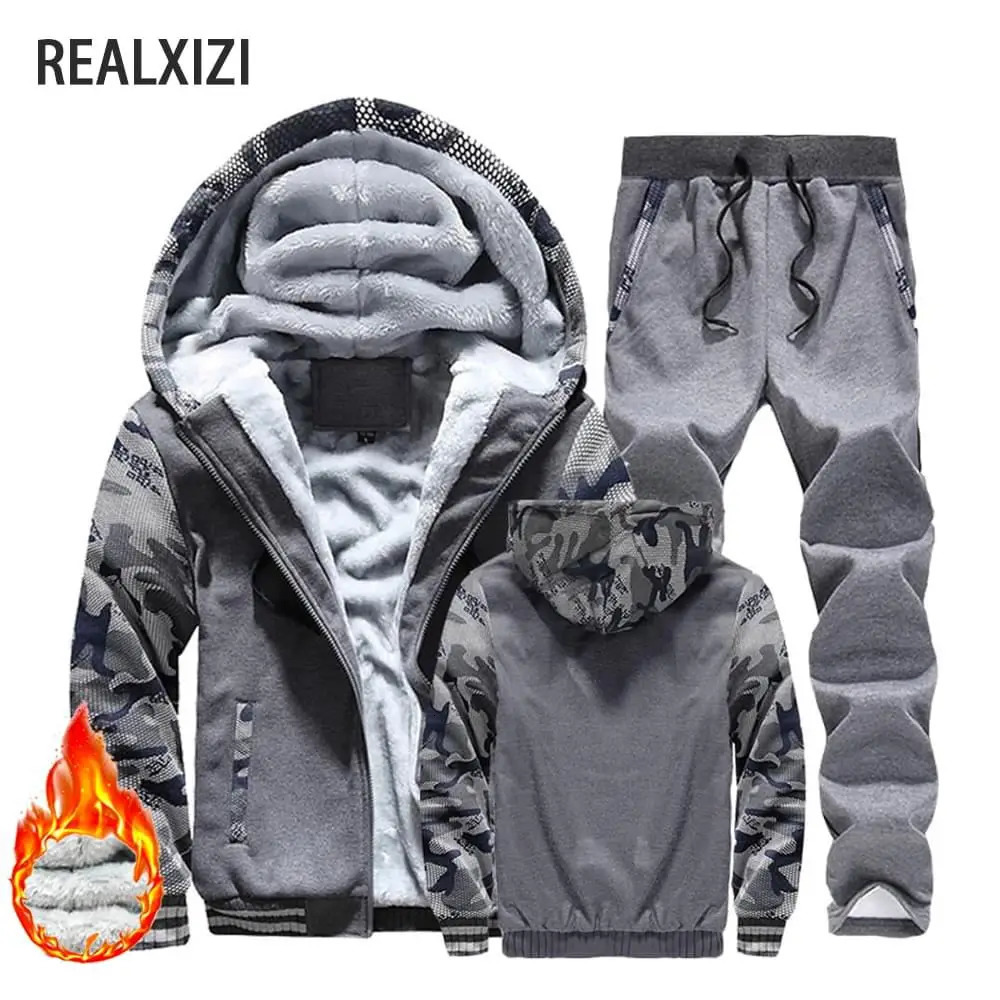 Men Winter Tracksuit Sets Thick Warm Jacket Zipper Hooded Sweatshirt CoatPants Sportswear Casual Fleece Outwear Hoody 241106