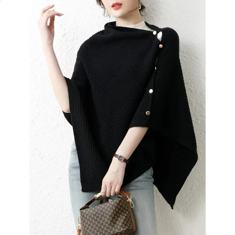 Warm Knitted Plain Color Scarf Thick Single Breasted Wool Shawl Wrap Women Cape Open Side Woven Cardigan Poncho Stole 241105