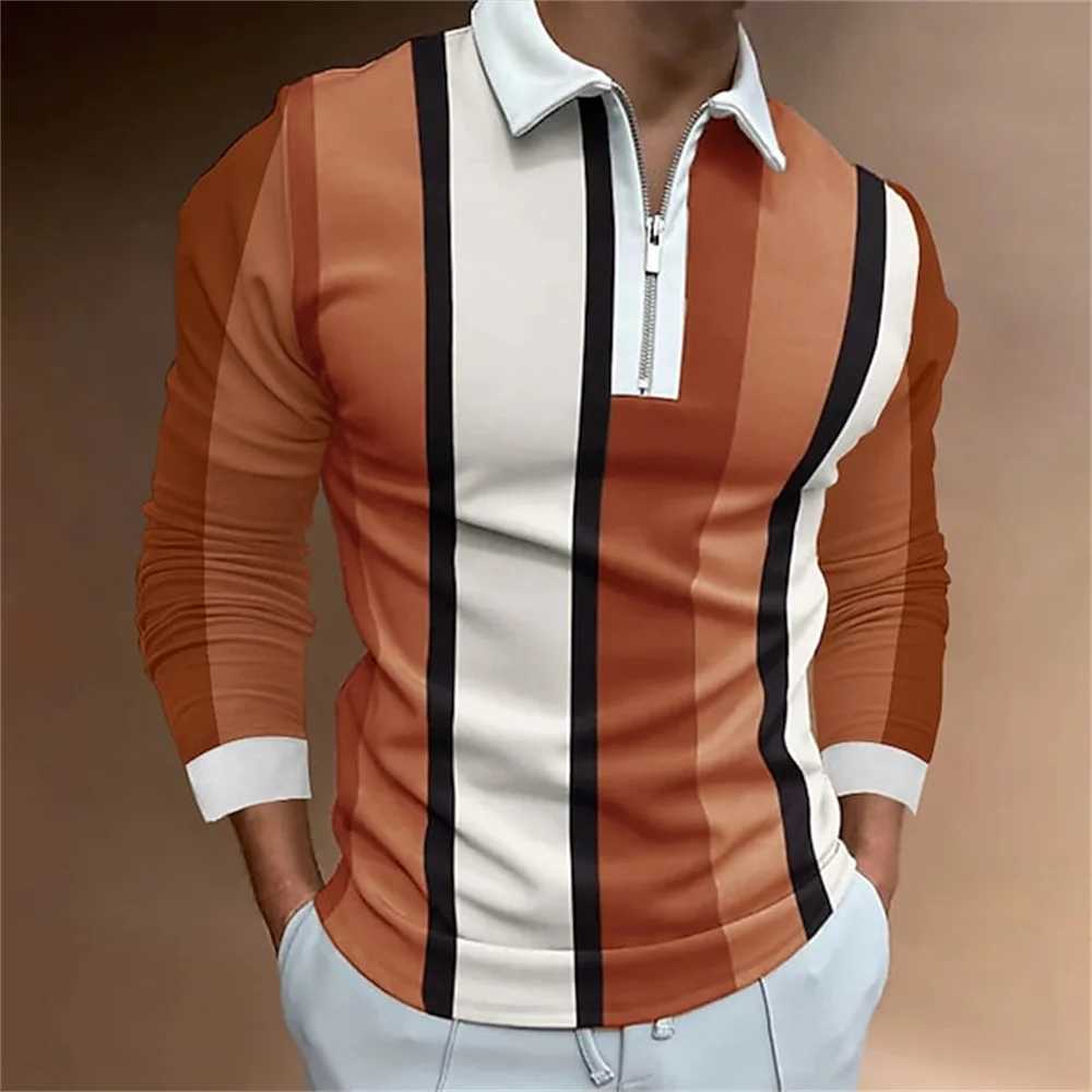 2024 Mens Stripe Printed Micro Elastic Collar Shirt Top Porosity Fashion Zipper Length Sve T-shirt Mens Clothing W241106