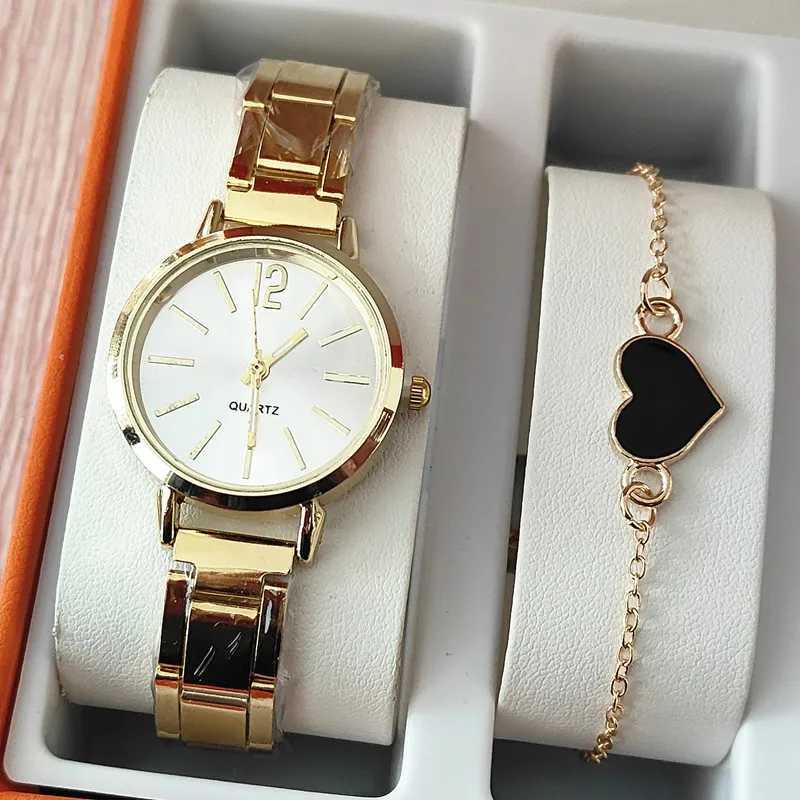 Elegant gold watch luxurious and fashionable womens watch 2-piece business and fashionable quartz watch charming bracelet set gift X241106