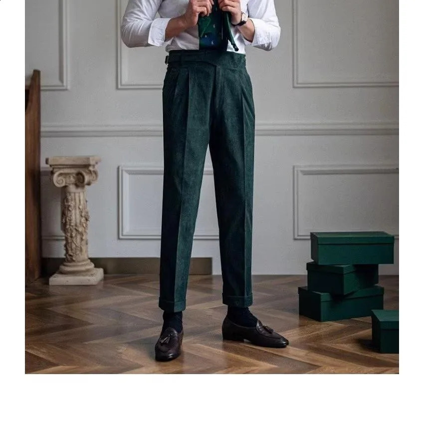 Italian Style Corduroy Naples Suit Pants Men Highwaisted Adjustable Belt Straight Trousers Autumn England Business Casual Pant 241104