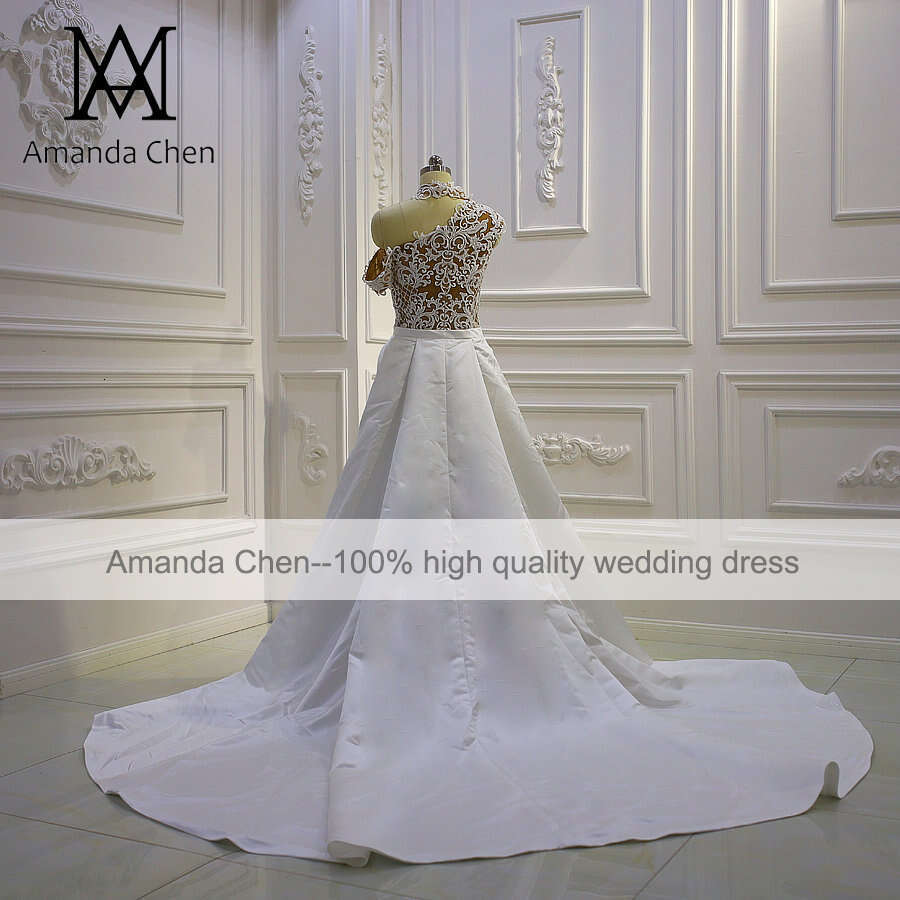 Halter One Shoulder Lace Wedding dress with Removable Skirt
