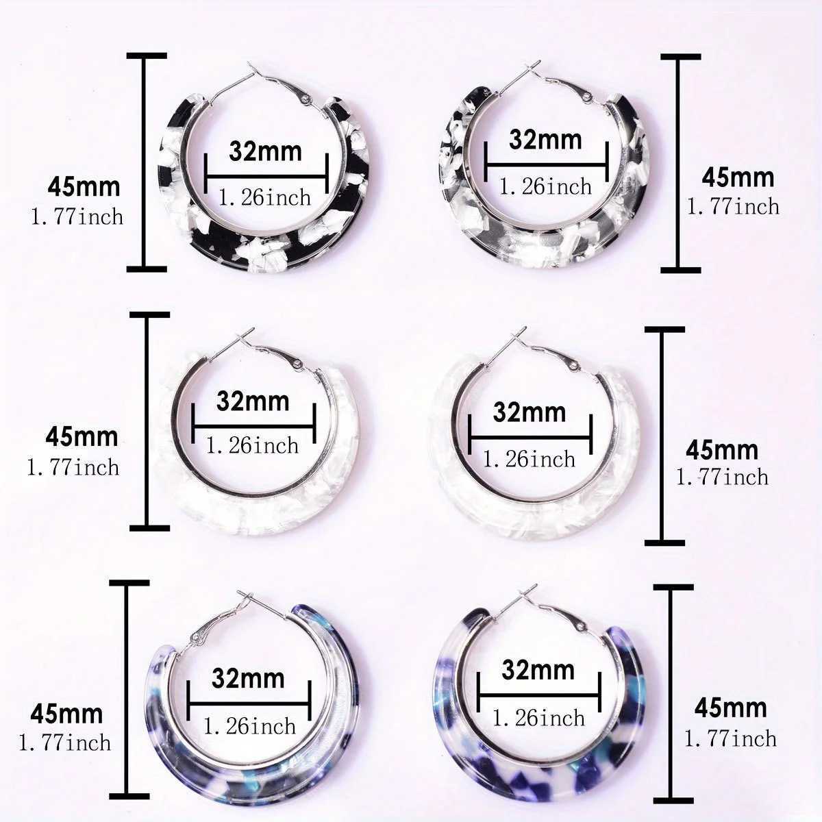 Acrylic earrings 3 pairs of patterned resin ring earrings C-shaped earrings indicating earring set fashionable jewelry X241106