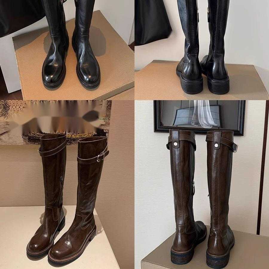 Washed Horse Skin Round Head Thick Heel Tall Leg Straight Long Barrel Knight Boots Women Autumn Winter