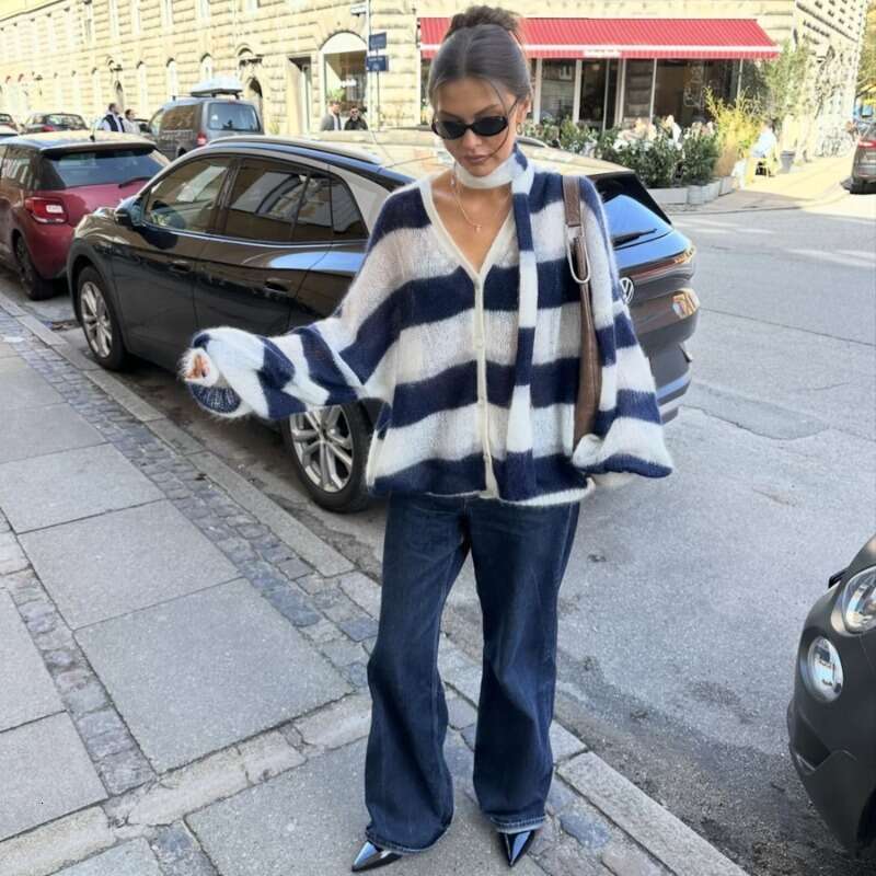 Talenza Women's Autumn V-Neck Scarf Knitted Loose Warm Casual Single-Breasted Striped Cardigan Sweater