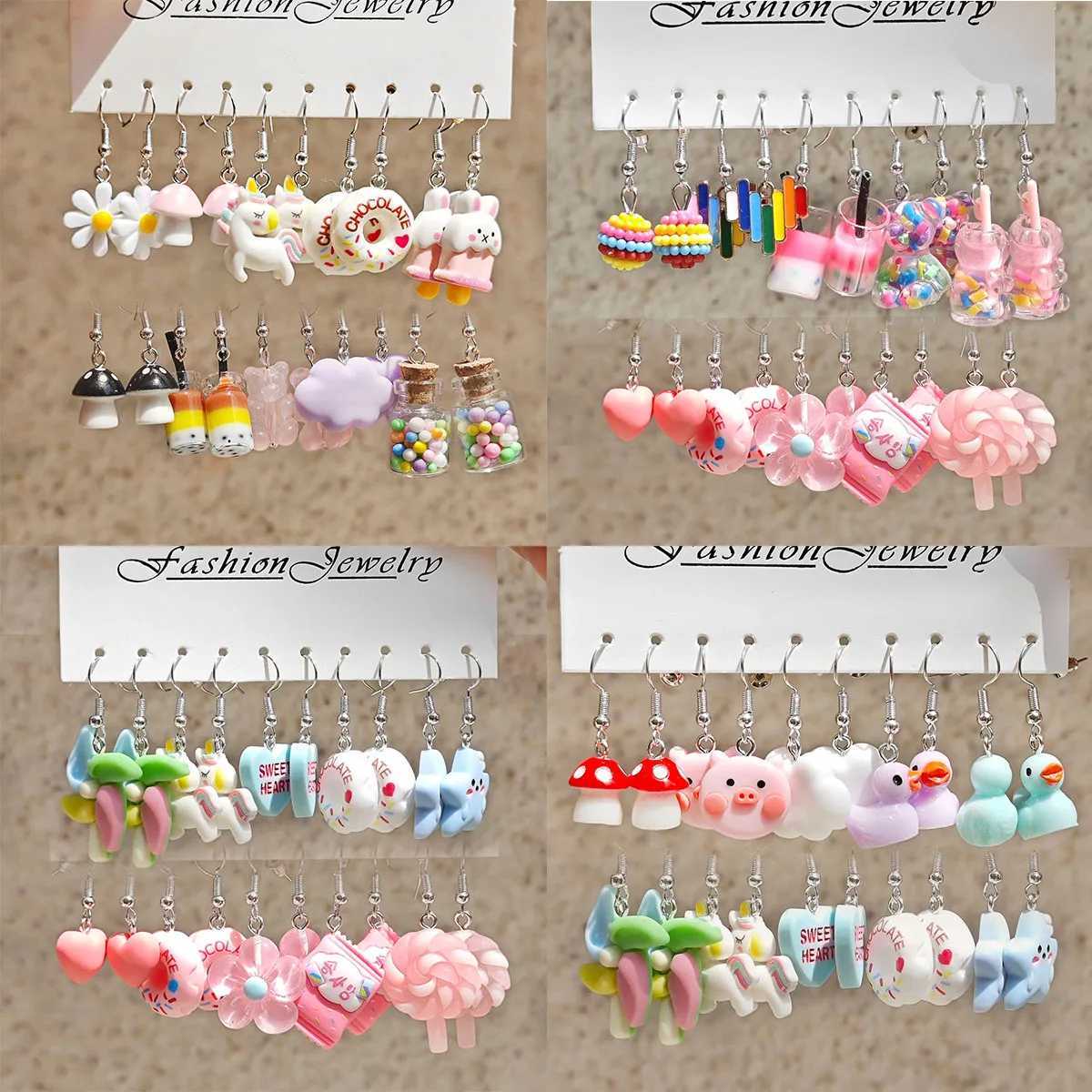 10 pairs of fresh colored resin pendant earrings with cute flowers milk tea earrings Fem X241106