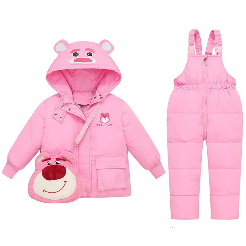 Winter Children Girl 2PCS Snowsuit Set Cartoon Bear Hooded Down Jacket Solid Jumpsuit For Girls Toddler Girl Overalls Suit 241106