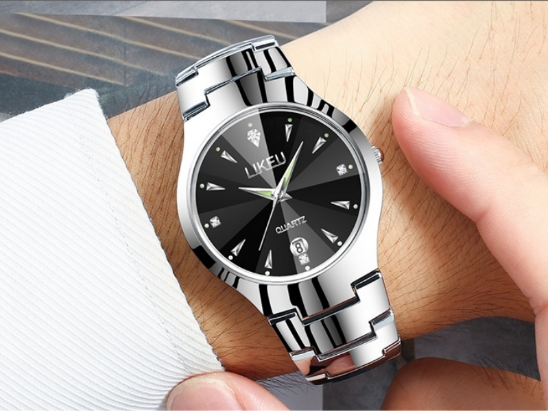 Male fashion watch hardless glass metal band with date black face 01