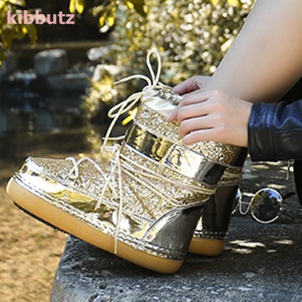 Patent Leather Glossy Snow Ankle Boots Round Toe Platform Lace-Up Height Increasing Fashion Concise Warm Women Shoe New