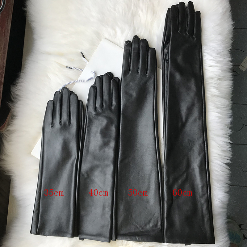 Long gloves Women's Genuine Leather Gloves Black Long Sheepskin Glove Over Elbow 40cm50cm60cm Ladies Mittens Winter Velvet Warm Fashion Arm Sleev