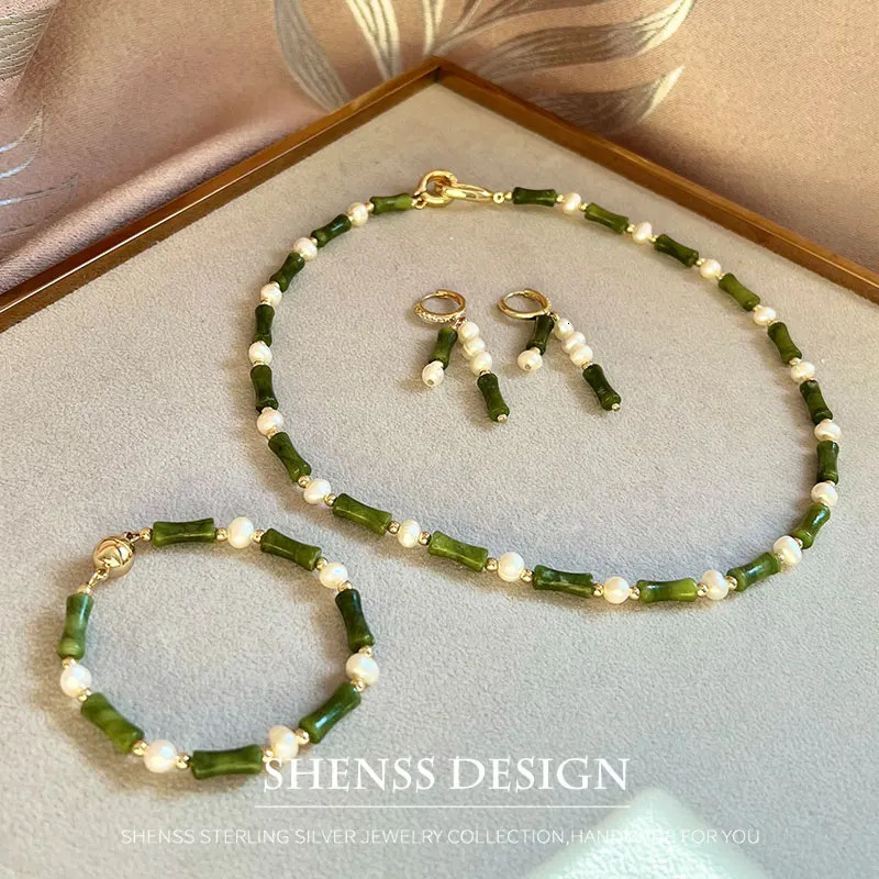 Jewelry Set Natural Freshwater Pearl Jade Bamboo Festival Necklace Bracelet Earrings Copper Plated 14k Gold Accessories Jewelry 241106