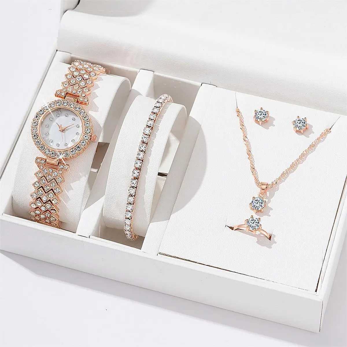Luxury watch necklace earring bracelet set silver leather strap ladies quartz watch no box X241106
