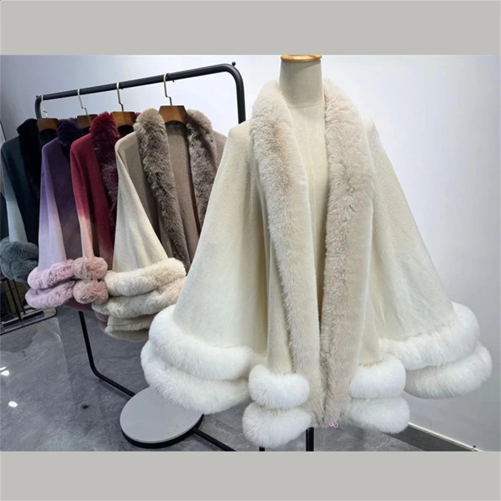 Winter 2 Circle Faux Fur Collar Big Pendulum Shawl Overcoat Loose Cloak Women Warm Gradient Colors Cashmere Poncho Capes 241105