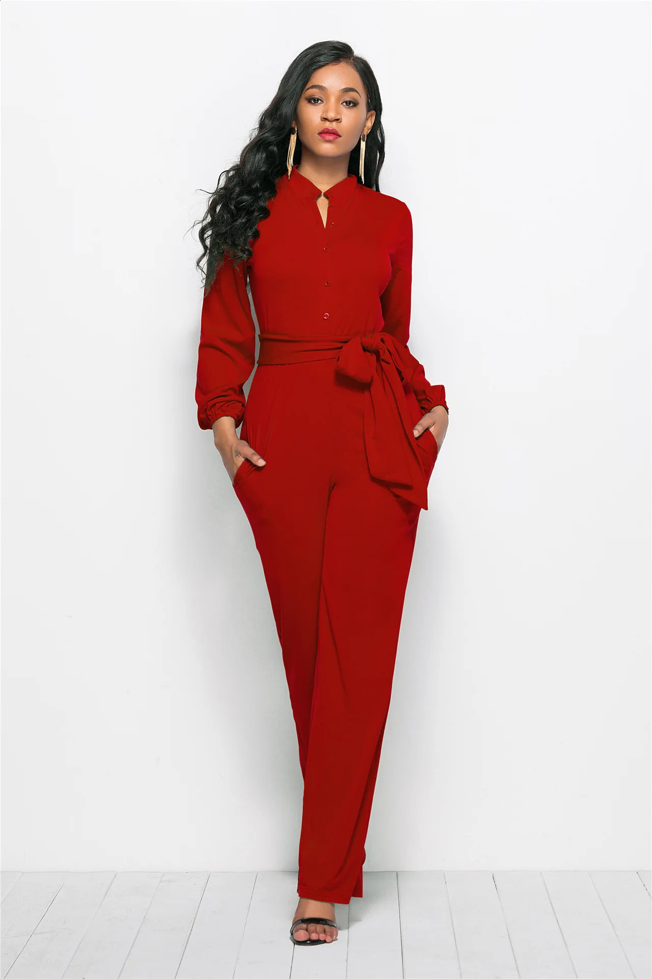 Temperament Solid Color Slim Jumpsuits Women Fashion Long Sleeve Buttons High Waist Leace-up Jumpsuit Ladies Commuting Clothing 241105
