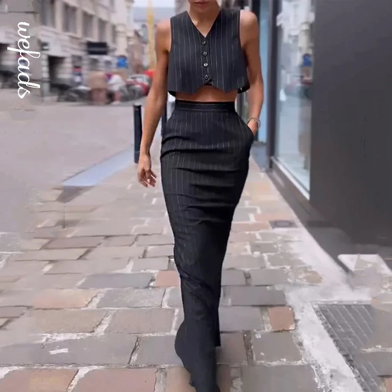 Wefads Two Piece Set Women Office Elegant Simple Striped Printed Sleeveless Single Breasted Button VestTop A Line Skirt Sets 240315