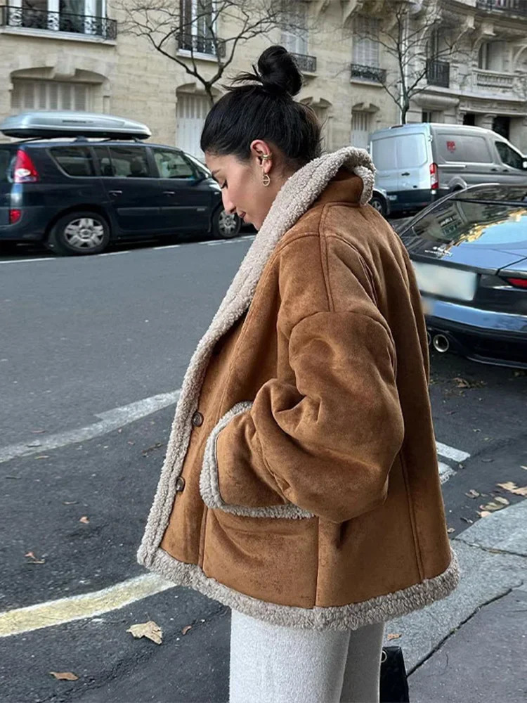 Women Chic Lapel Lamb Wool Patchwork Coat Casual Button With Pocket Thickened Jacket 2024 Autumn Winter Lady Retro Outerwear 241106