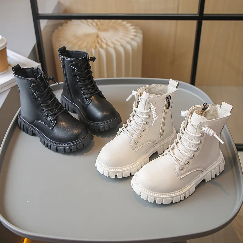 Childrens Platform Ankle Boots Autumn Winter Girls Causal Black Leather Boots Fashion Non-slip Kids School Thick Bottom Boots 241106