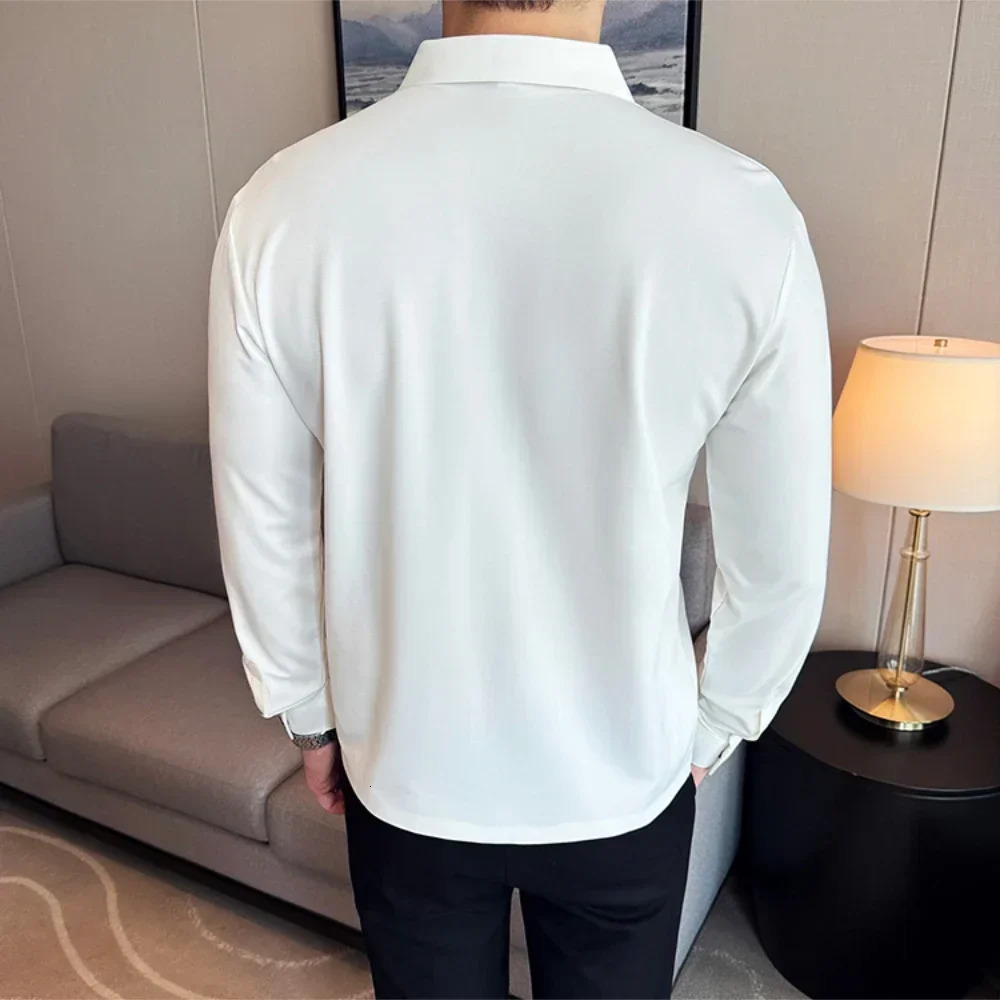 High-end Seamless V-Neck Polo Shirt Mens Long-Sleeved Traceless Elasticity Slim Fit Casual Tee Fashion Business Social Clothing 241106