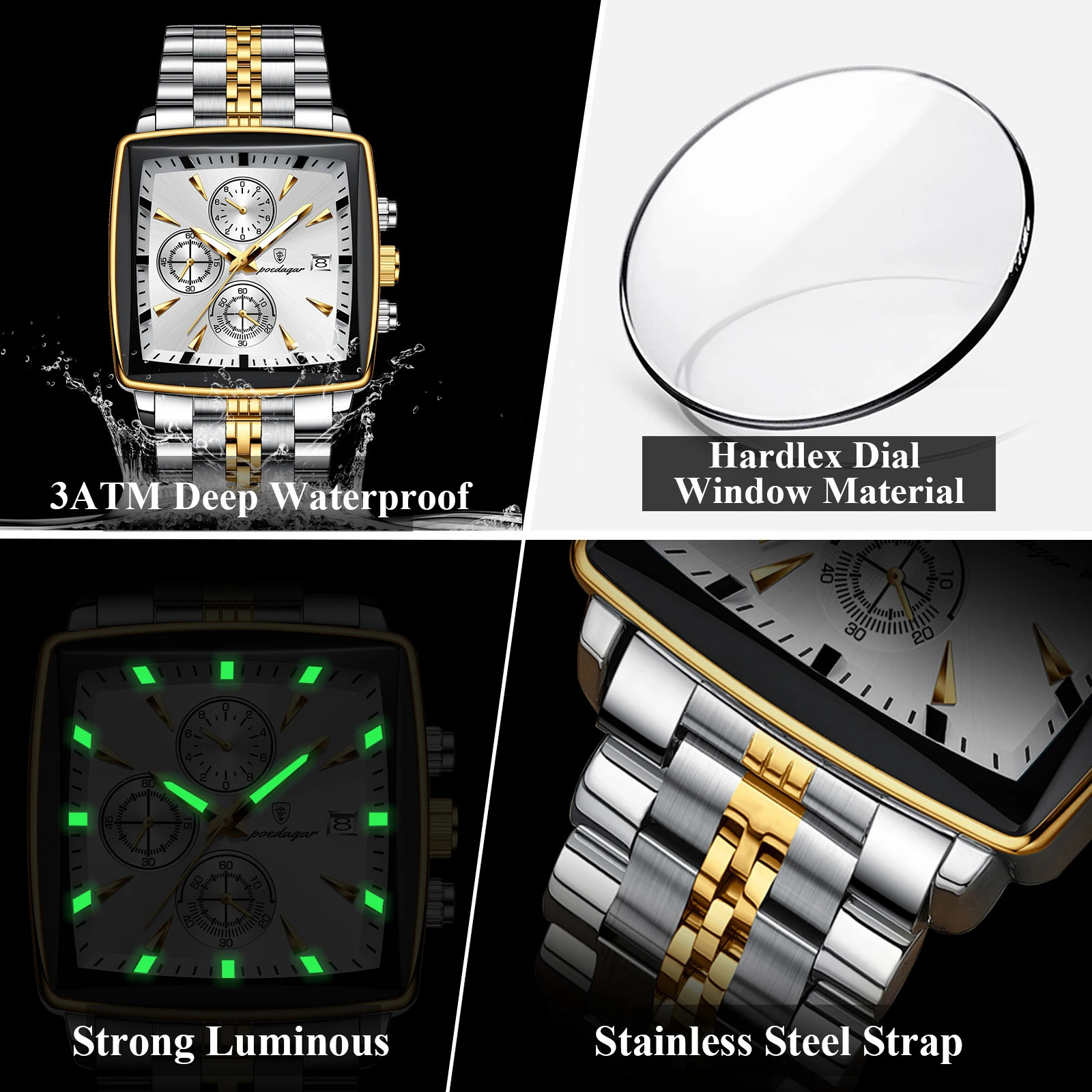 Poedagar Square Sports Mens Watch Waterproof Luminous Timing Quartz Mens Watch Stainless Steel Mens Watch Reloj 241105CJ
